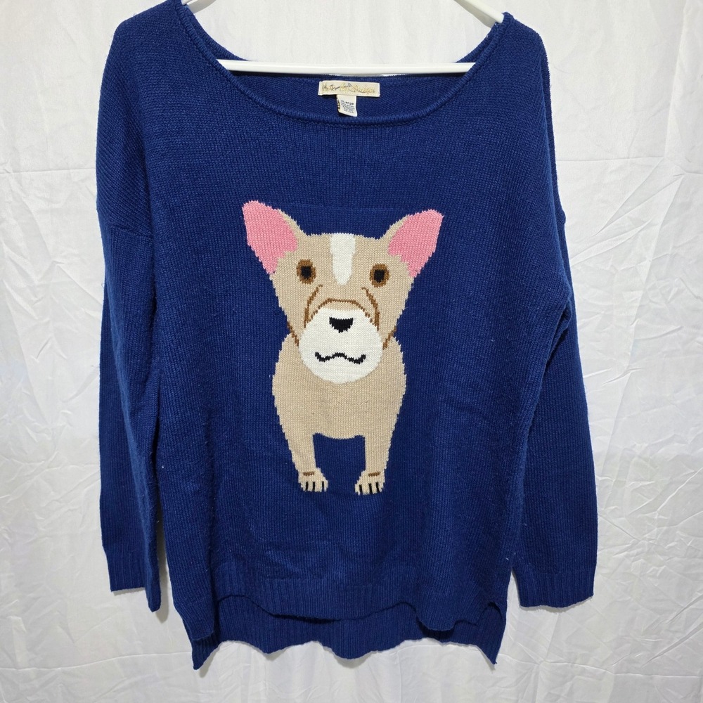 Love By Design Womens Blue French Bulldog Intarsia Knit Sweater XL Puppy Dog